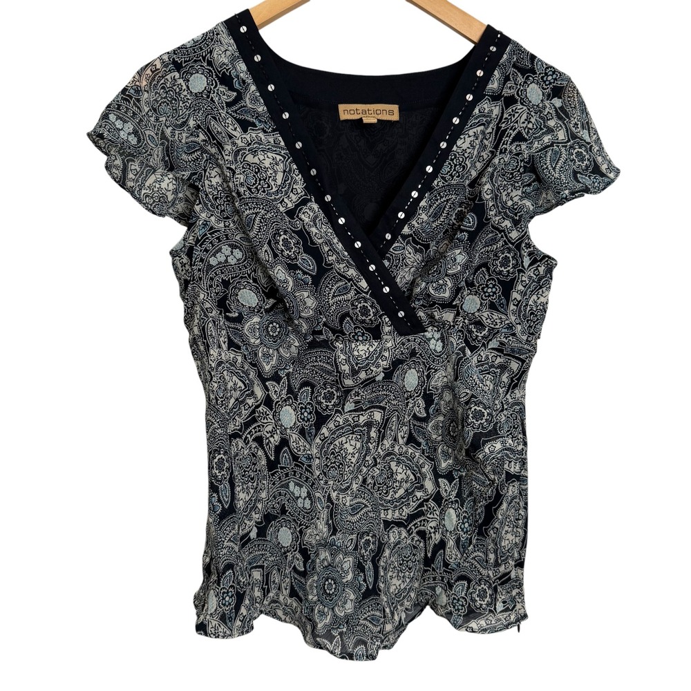 Notations Petite Midnight Navy White Paisley Sequin VNeck Flutter Sleeve‎ Top PM